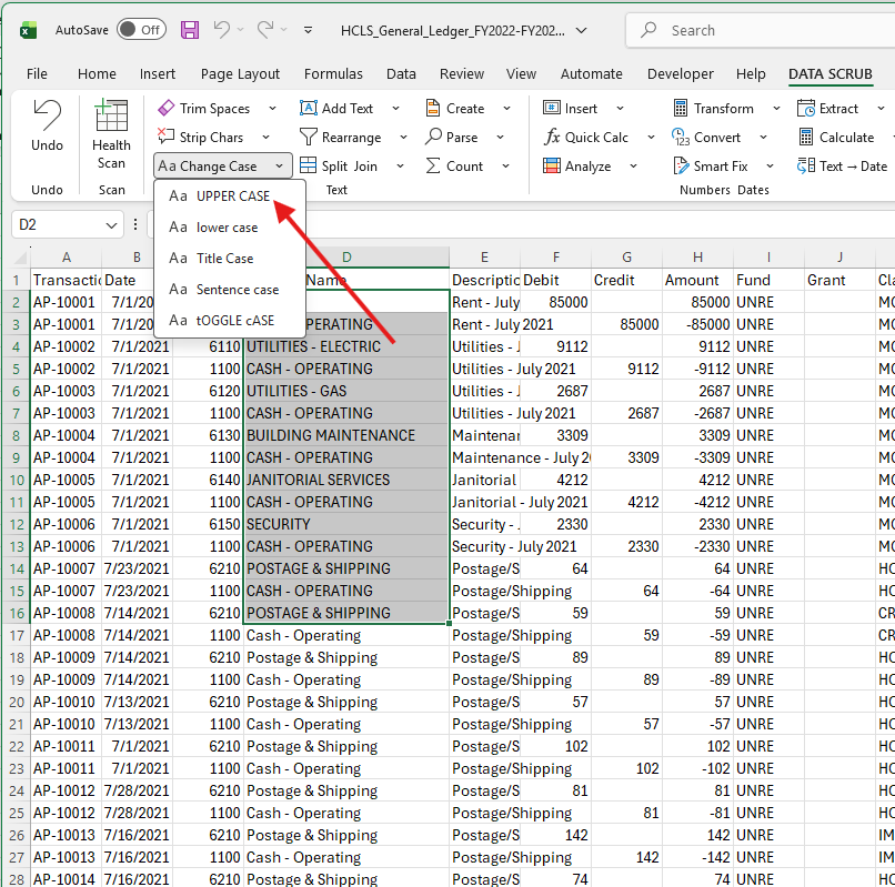 Change Case dropdown showing 5 case conversion options with UPPER CASE data visible in column D